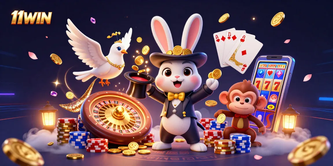 Experience thrilling magic at 11WIN as a magician rabbit unveils golden coins in a vibrant casino scene.