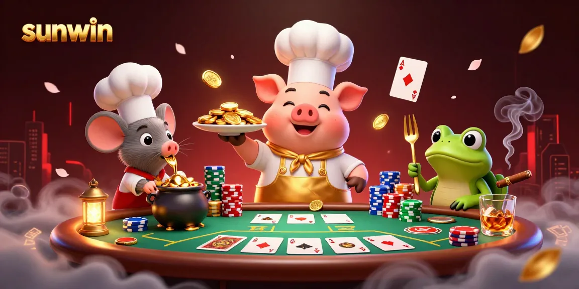 Engaging sunwin casino scene with a chef pig, sous-chef mouse, and critic frog, featuring vibrant poker elements.