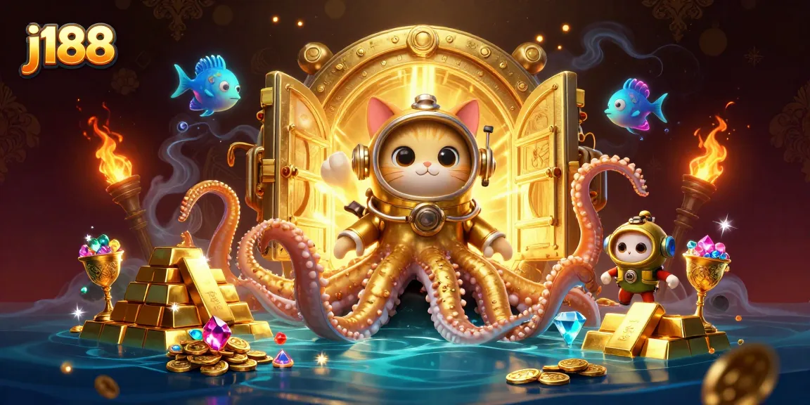 Engage with the thrilling j188 gaming experience featuring kraken and treasures in 3D illustration.