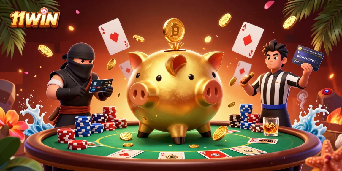 11WIN showcases a golden piggy bank sumo wrestler amidst poker elements, embodying the thrill of gambling.