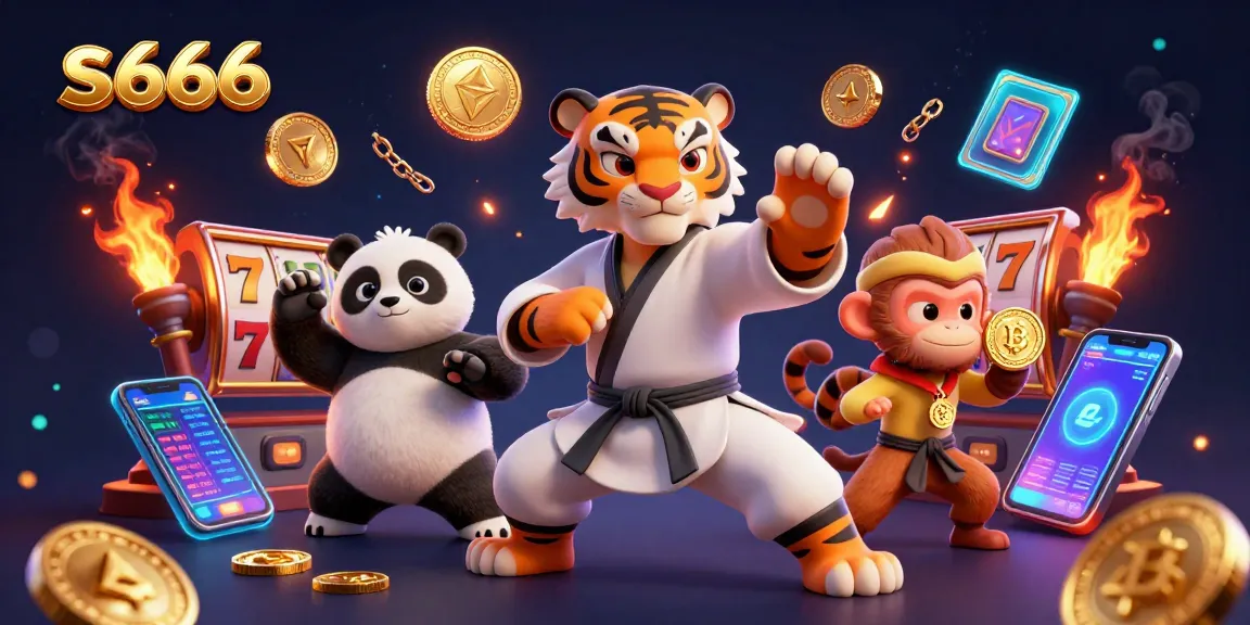 s666 online casino scene featuring kung fu tiger, panda, monkey, and slot game elements.