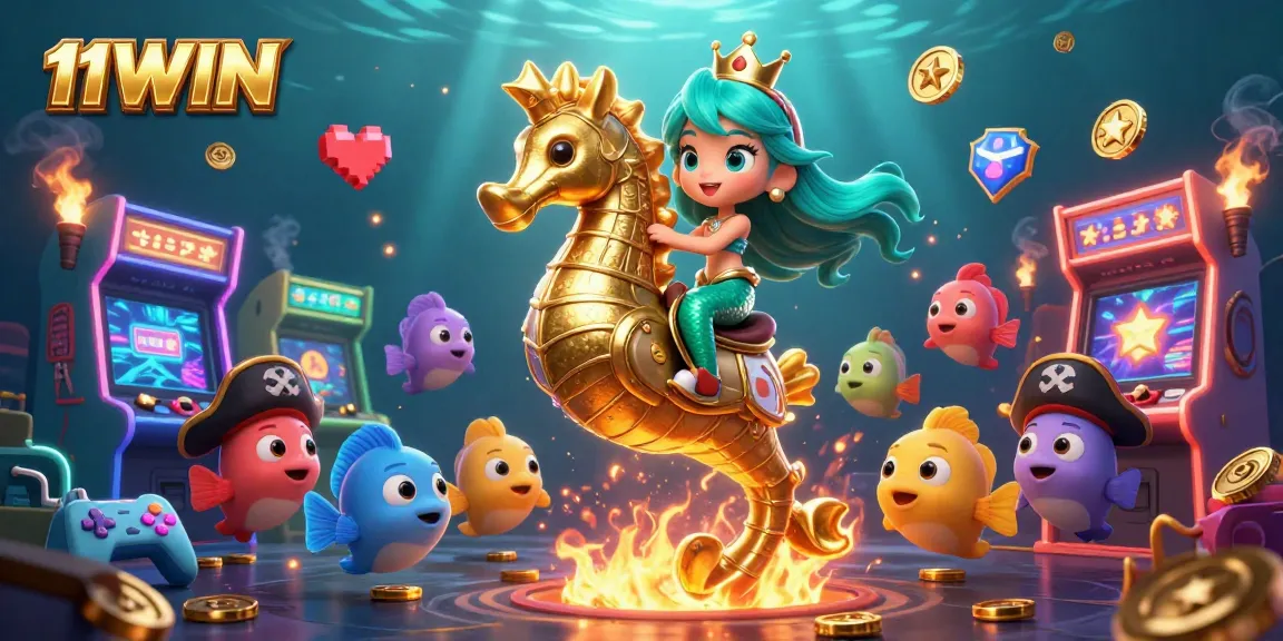 Engage with the vibrant underwater world of 11WIN featuring a mermaid, seahorse, and energetic gaming elements.