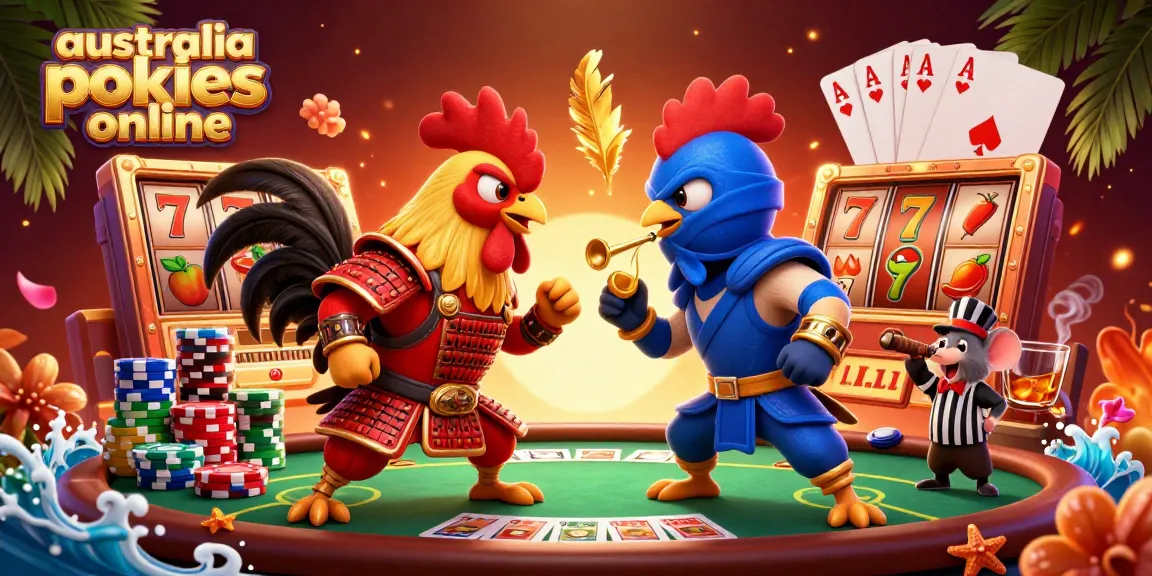 Experience the thrill of australia pokies online with dynamic roosters battling amid colorful gambling elements.