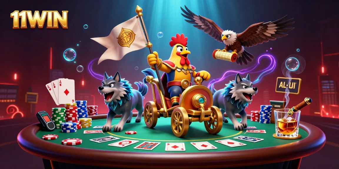 11WIN champions a dynamic casino scene with a rooster warlord, poker elements, and vibrant 3D visuals.