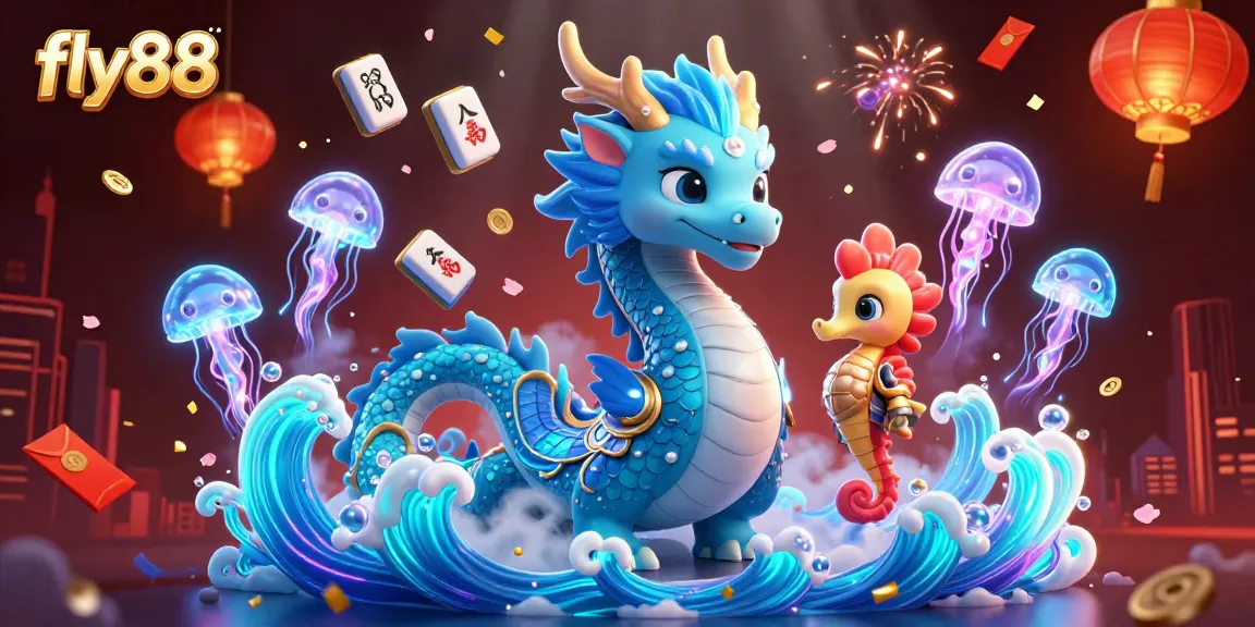 Engage with fly88's energetic gaming scene featuring a vibrant underwater dragon and seahorse knight.