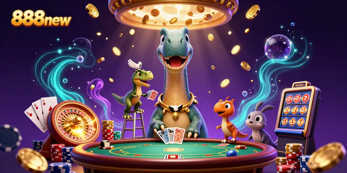 Engage with the towering 888new casino dinosaur as it deals cards while coins fly in a vibrant gaming scene.