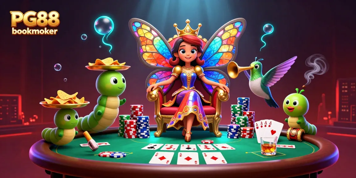 Experience the thrill of PG88 bookmaker with our vibrant casino scene featuring a butterfly queen and poker elements.