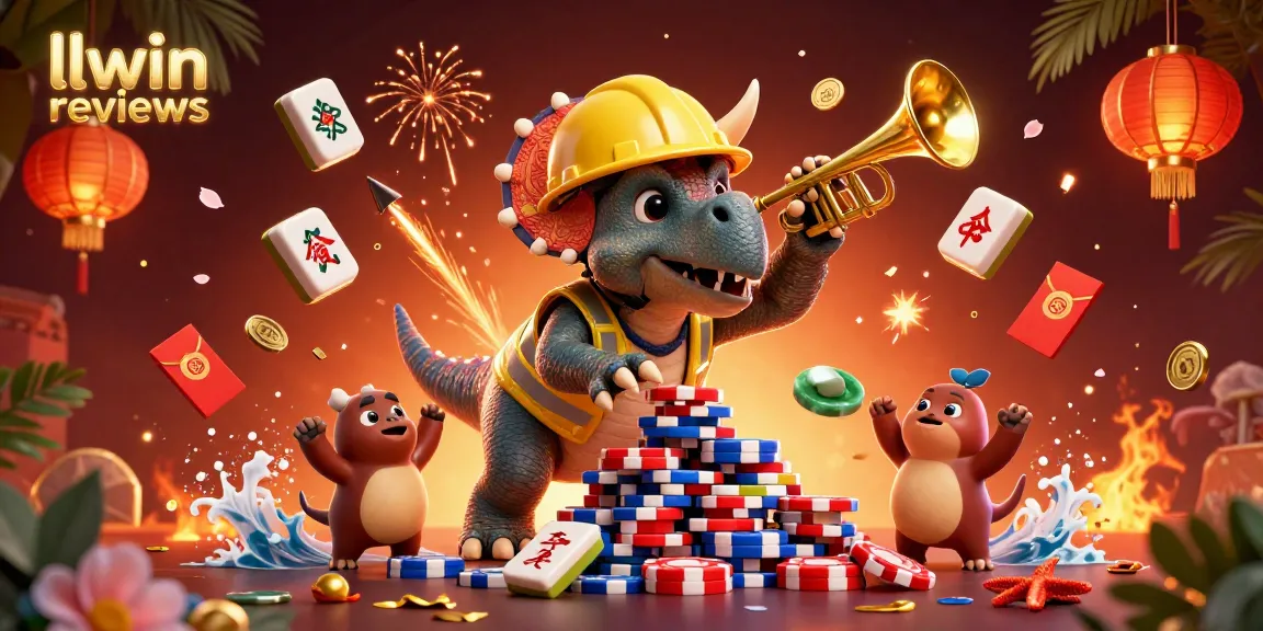 Experience thrilling gameplay with llwin reviews as a triceratops builds poker chip towers in celebration.