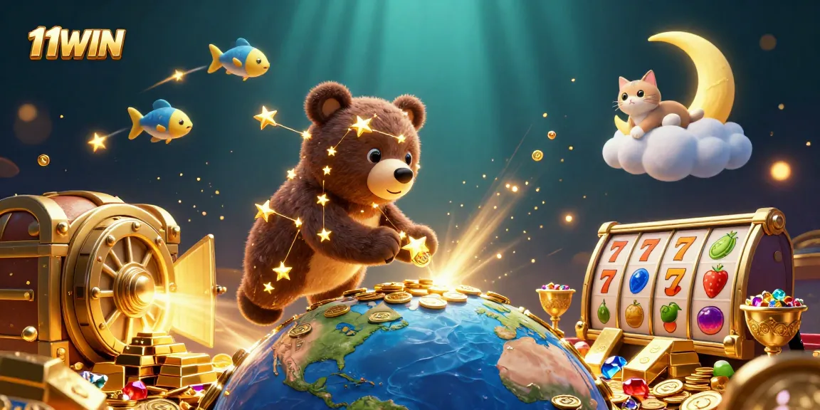 Engage with 11WIN's vibrant casino world, featuring a constellation bear, treasure vault, and slot reels.